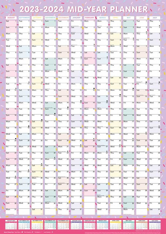 Beclen Harp 2023-2024 Large Academic Folded Mid Year Wall Planner Calendar A1 Size 840 x 600mm in multicolor