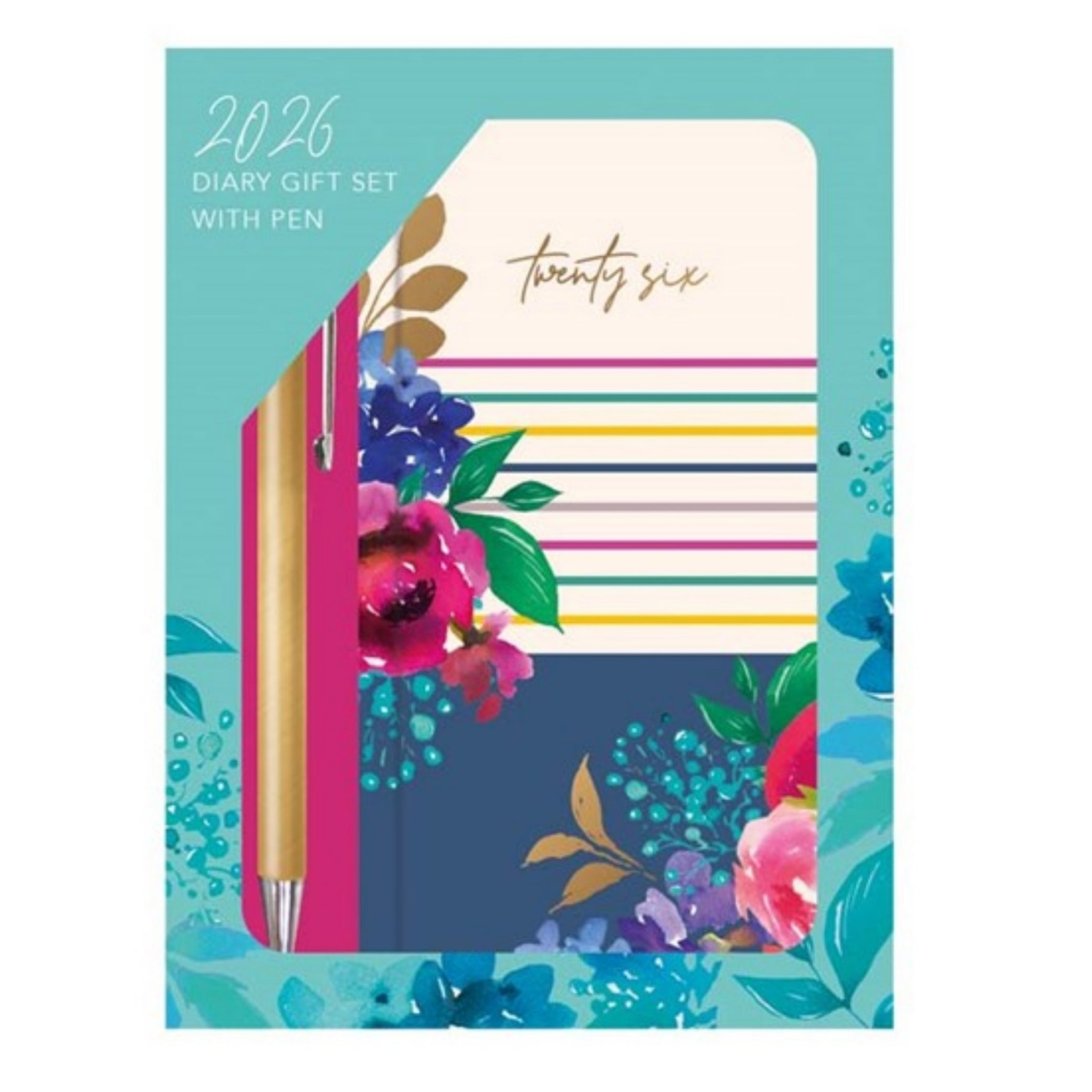 Beclen Harp 2026 SLIM Week to view Floral stripes Office Home School Desktop Diary with free pen Desktop School Note Date Full Year - Xmas gift
