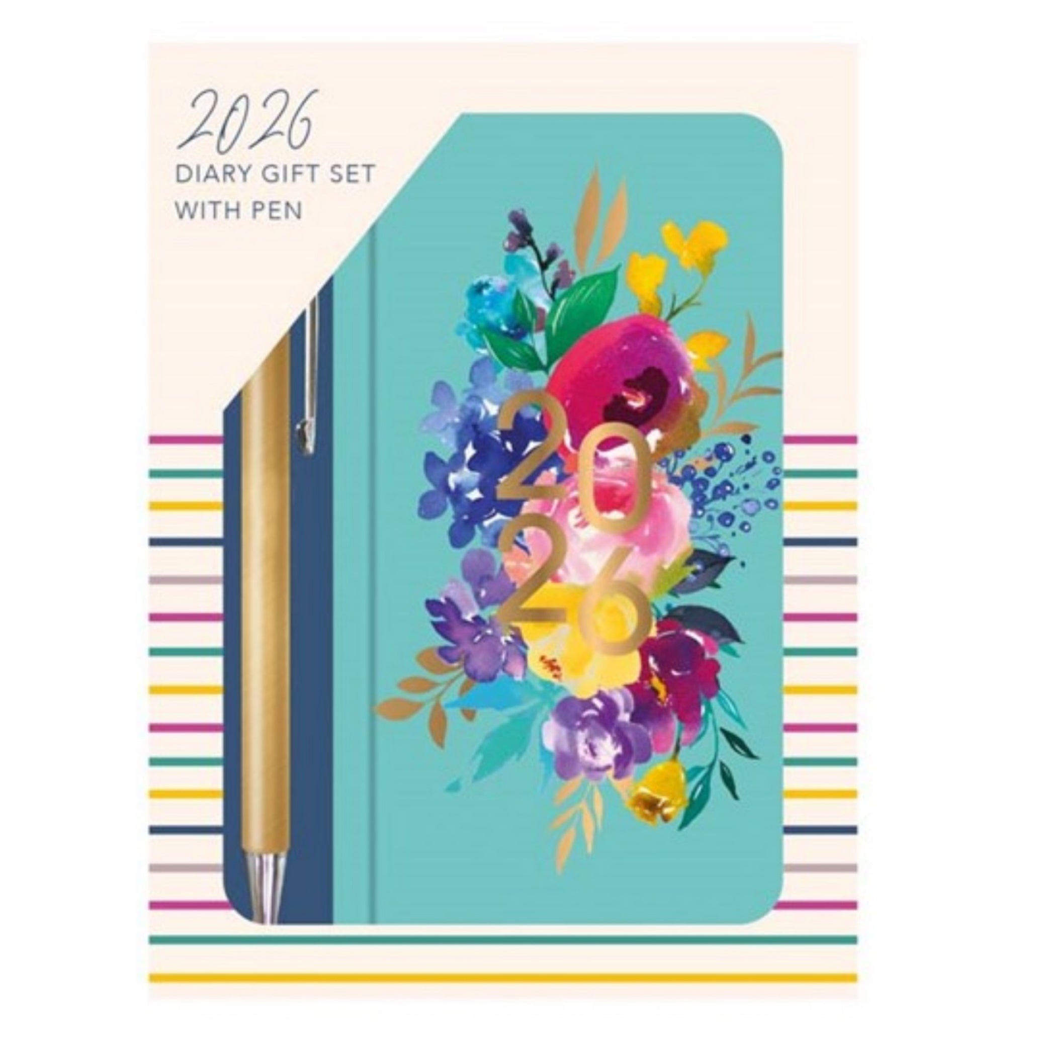 Beclen Harp 2026 SLIM Week to view Floral stripes Office Home School Desktop Diary with free pen Desktop School Note Date Full Year - Xmas gift
