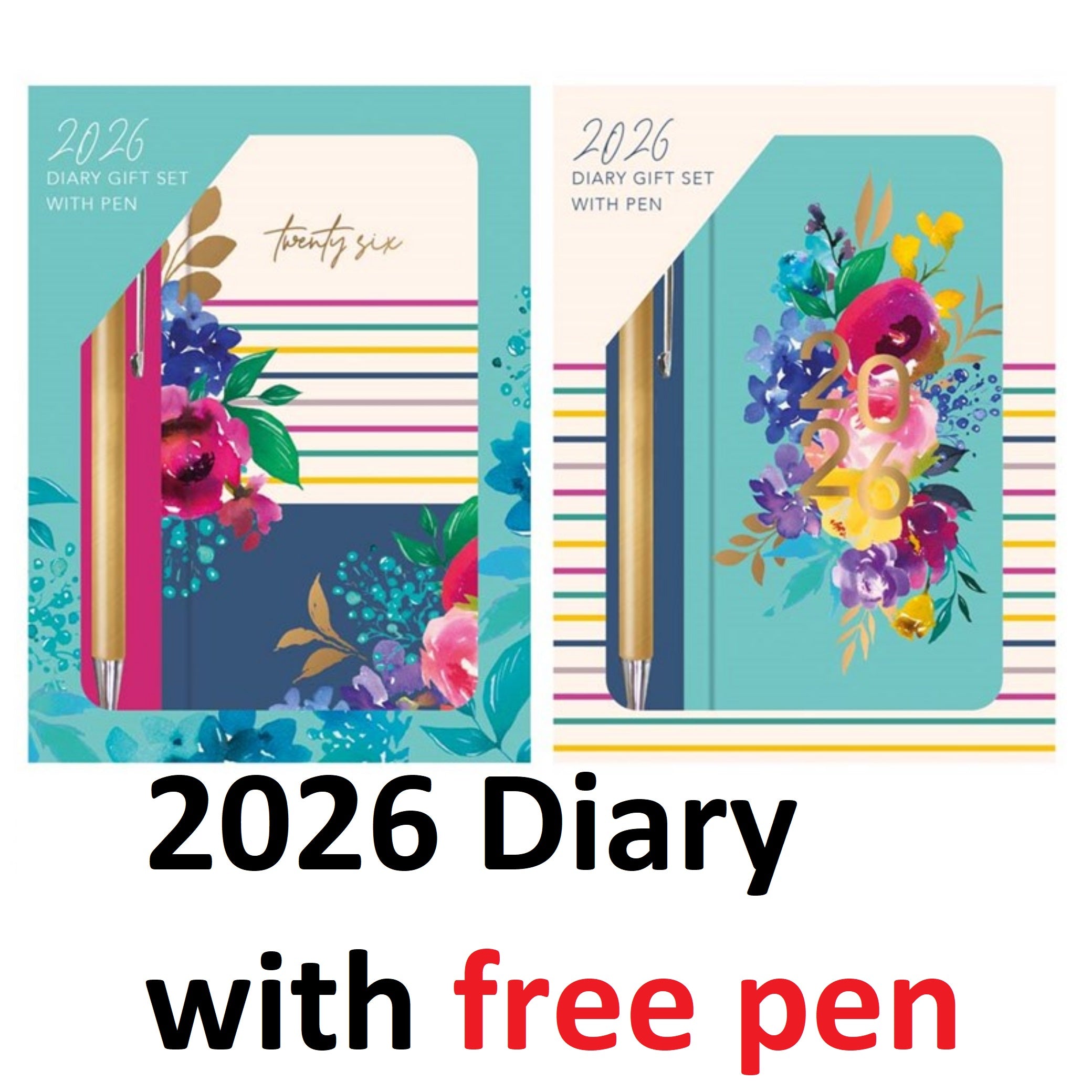 Beclen Harp 2026 SLIM Week to view Floral stripes Office Home School Desktop Diary with free pen Desktop School Note Date Full Year - Xmas gift